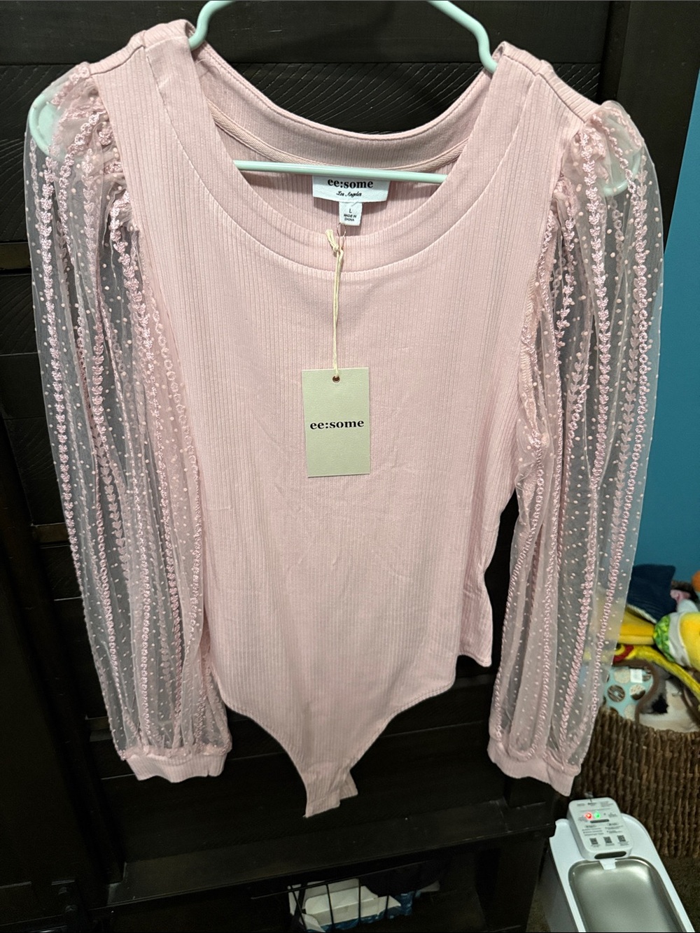 eesome Light Pink Ribbed Bodysuit with Sequin Mesh Puff Sleeves